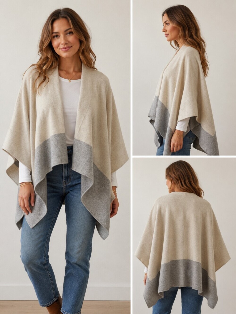 Anthropologie Saturday Sunday Colorblock Poncho Cream Grey Women's One Size EUC